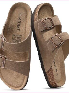 Unisex Summer Slide Sandals with Arch Support Cork Footbed and Adjustable Buckle